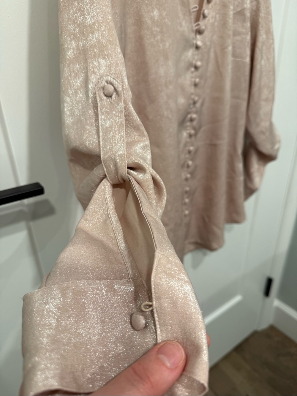 Express Metallic Blush Button-Front Ruffle Blouse - Picture 3 of 5